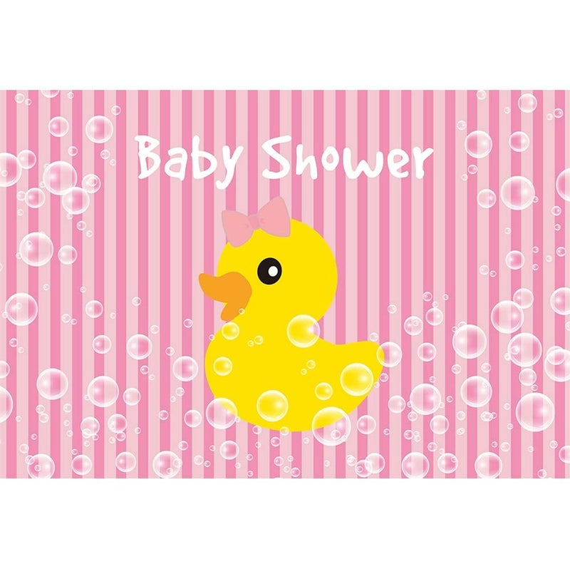 DORCEV 6x4ft Baby Shower Photography Backdrop Yellow Duck Theme Girls Baby Shower Background Cartoon Yellow Duck Pink Stripes Party Banner Girls Kids Baby Shower Photo Studio Props - Image 1